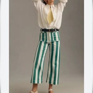 Anthropologie Maeve The Colette Cropped Wide-Leg Jeans Green Stripe Tall